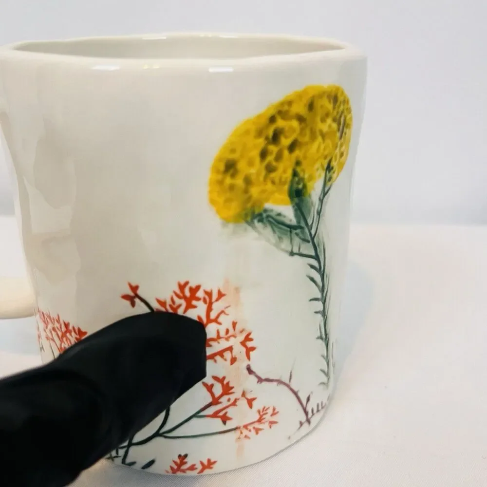 Anthropologie Dagny Initial W 16oz Mug Botanical Imprint White Hand Painted Flaw